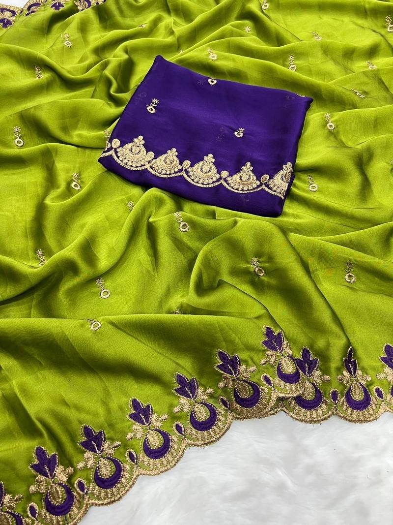 Parrot Green  Color Embroidery and zari work Silk Saree