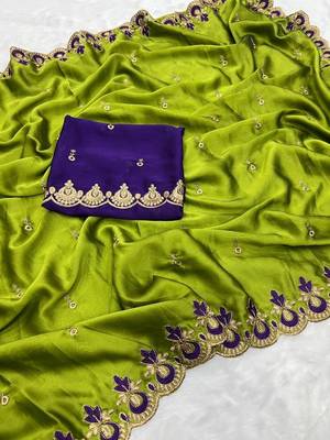 parrot green silk saree with embroidery and zari work 2