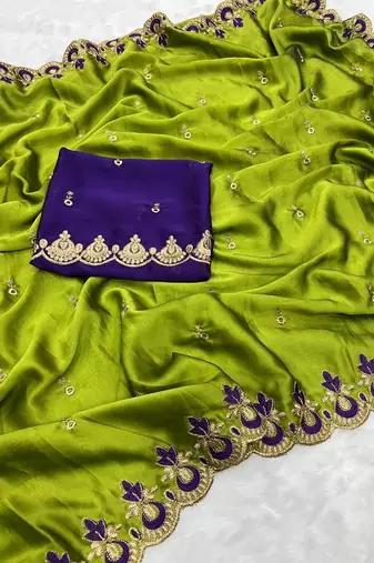 parrot green silk saree with embroidery and zari work
