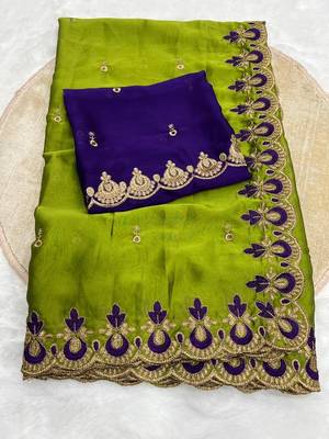 parrot green silk saree with embroidery and zari work 3