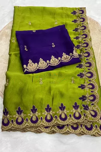 parrot green silk saree with embroidery and zari work