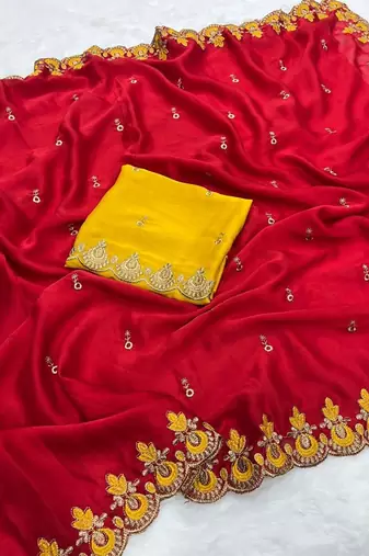 Red Color Embroidery and zari work Silk Saree