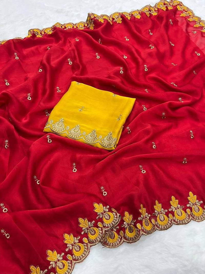 Red Color Embroidery and zari work Silk Saree