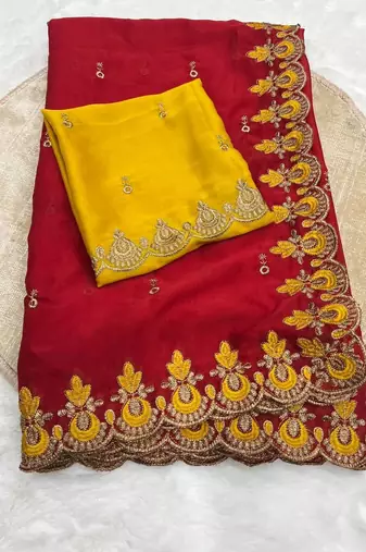 red rangoli silk saree with embroidery zari work