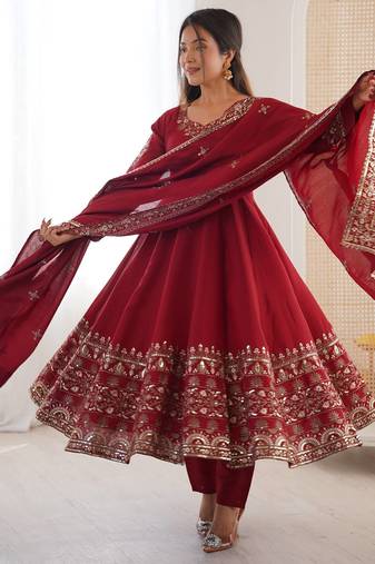 Maroon Roman Silk Embroidered Sequence Anarkali Set with Dupatta