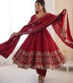 Maroon Roman Silk Embroidered Sequence Anarkali Set with Dupatta