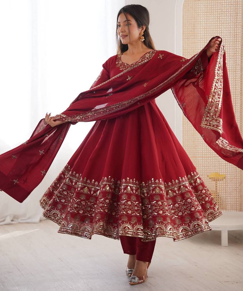 Maroon Roman Silk Embroidered Sequence Anarkali Set with Dupatta