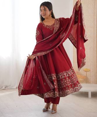 Maroon Roman Silk Embroidered Sequence Anarkali Set with Dupatta 3