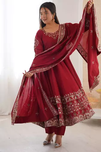 Maroon Roman Silk Embroidered Sequence Anarkali Set with Dupatta