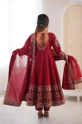 Maroon Roman Silk Embroidered Sequence Anarkali Set with Dupatta
