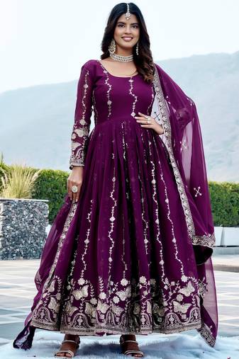 Fantastic Wine Embroidered Georgette Wedding Wear Gown With Dupatta