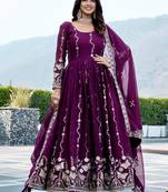 Fantastic Wine Embroidered Georgette Wedding Wear Gown With Dupatta