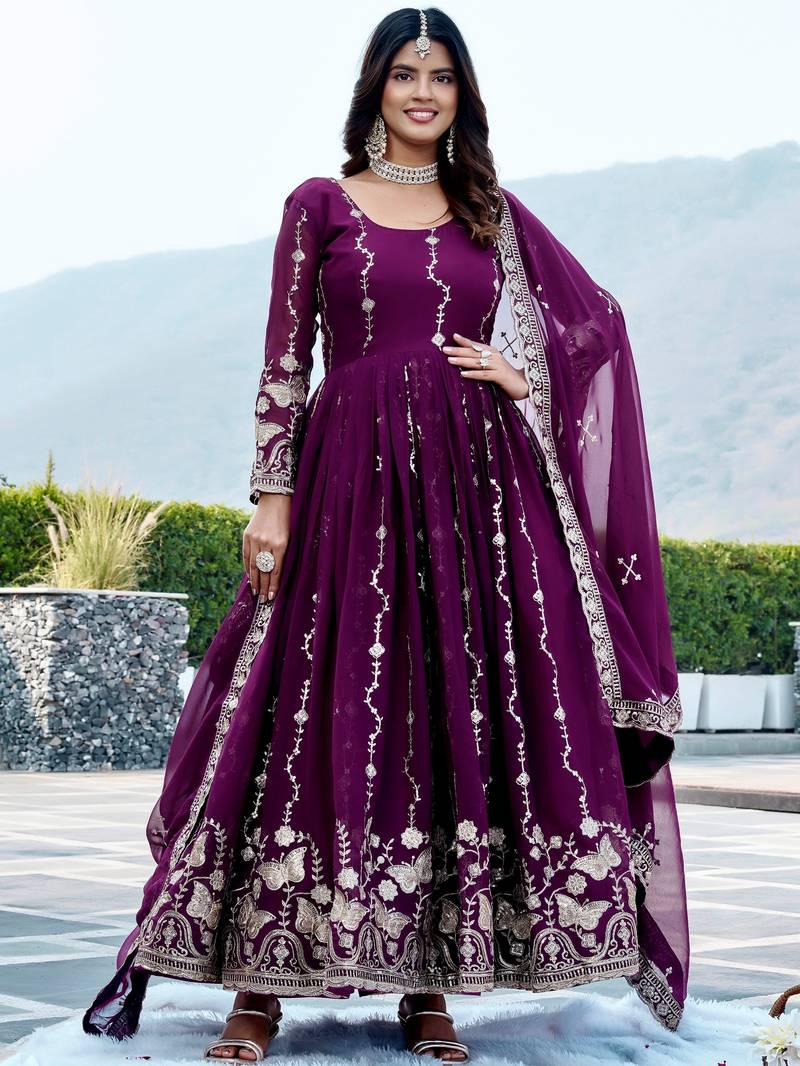 Fantastic Wine Embroidered Georgette Wedding Wear Gown With Dupatta