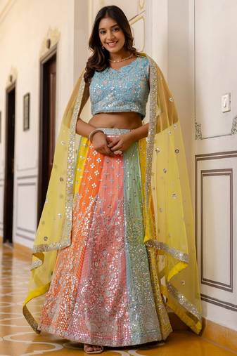 Multicolor Sequins Embroidered Lehenga Choli with Net Dupatta