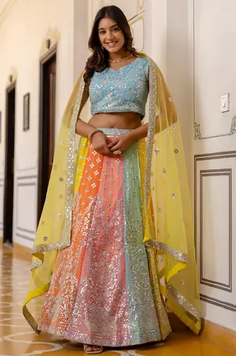Multicolor Sequins Embroidered Lehenga Choli with Net Dupatta