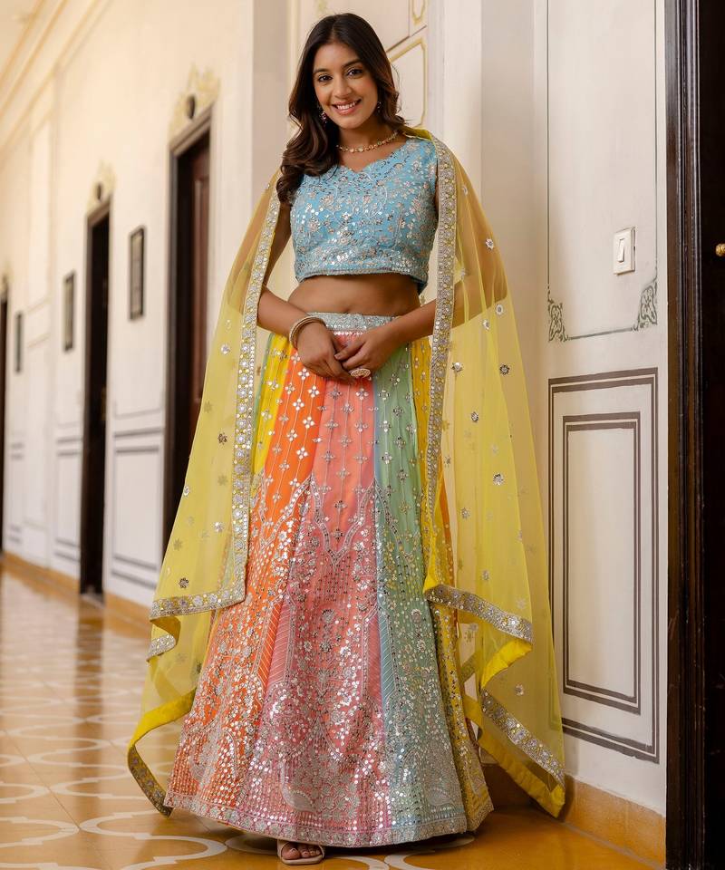 Multicolor Sequins Embroidered Lehenga Choli with Net Dupatta