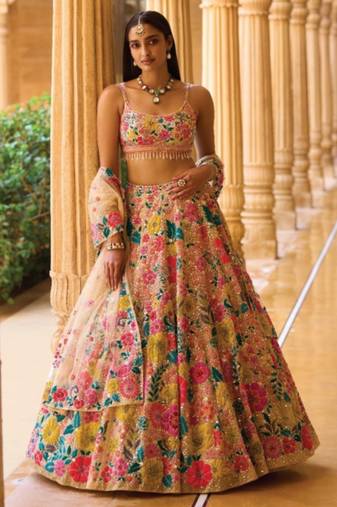 Multicolor Floral Georgette Lehenga Set with Embroidered Blouse and Soft Net Dupatta
