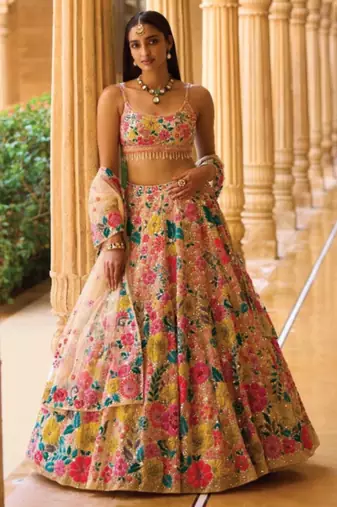 Multicolor Floral Georgette Lehenga Set with Embroidered Blouse and Soft Net Dupatta