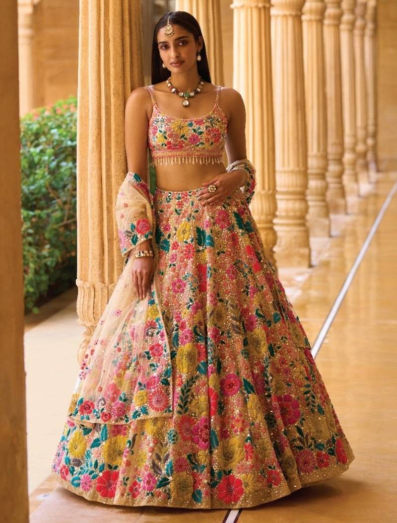 Multicolor Floral Georgette Lehenga Set with Embroidered Blouse and Soft Net Dupatta