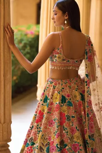 multicolor floral georgette lehenga choli with net dupatta