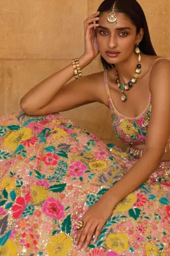 multicolor floral georgette lehenga choli with net dupatta