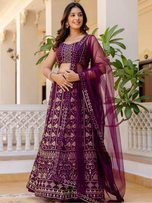 wine georgette lehenga choli with sequins embroidery 1