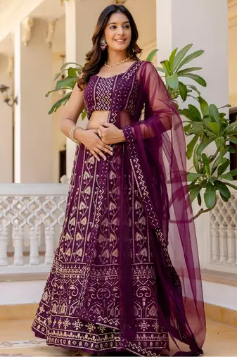Elegant Wine Georgette Lehenga Choli with Sequins Embroidery