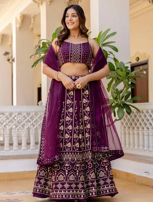 wine georgette lehenga choli with sequins embroidery 2