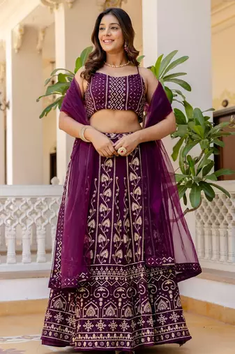 wine georgette lehenga choli with sequins embroidery