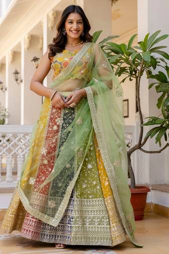 Multicolor Embroidered Georgette Lehenga Choli with Green Net Dupatta