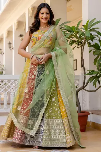 Multicolor Embroidered Georgette Lehenga Choli with Green Net Dupatta