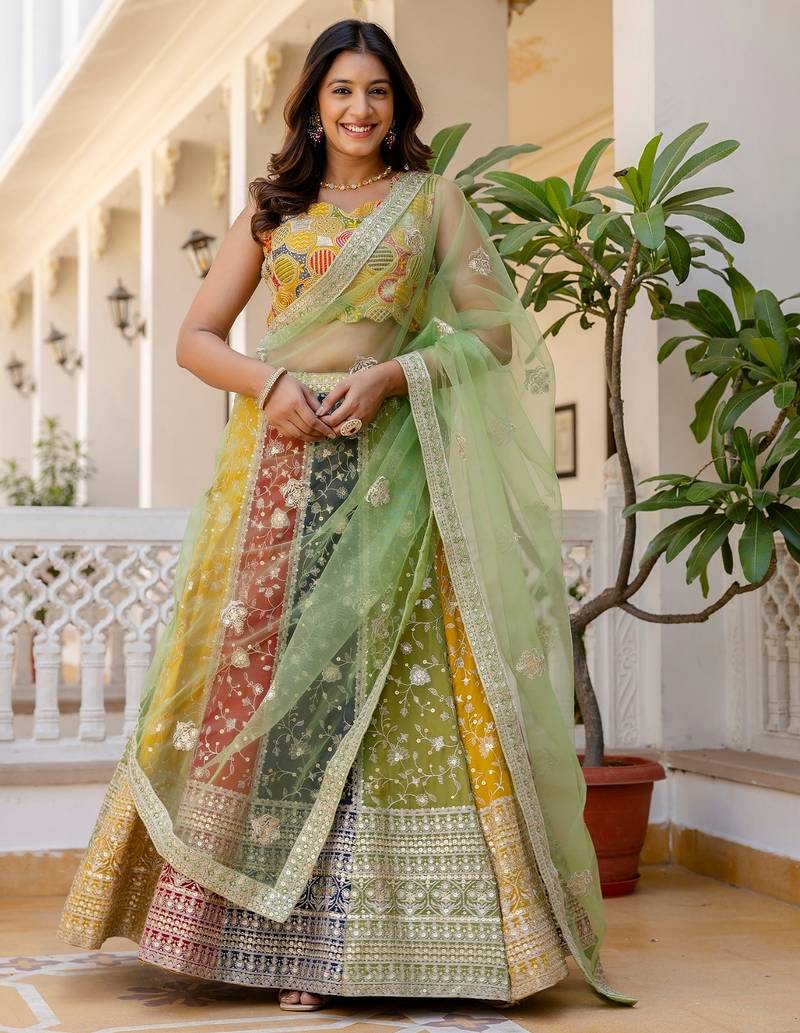 Multicolor Embroidered Georgette Lehenga Choli with Green Net Dupatta
