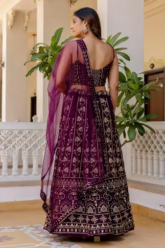wine georgette lehenga choli with sequins embroidery
