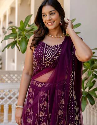 wine georgette lehenga choli with sequins embroidery 4