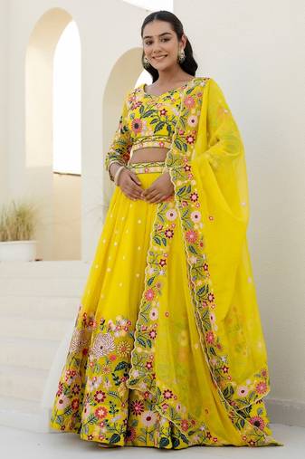 Yellow Organza Floral Embroidered Lehenga with Blouse & Dupatta Set
