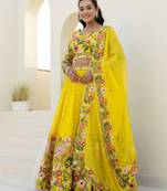 Yellow Organza Floral Embroidered Lehenga with Blouse & Dupatta Set