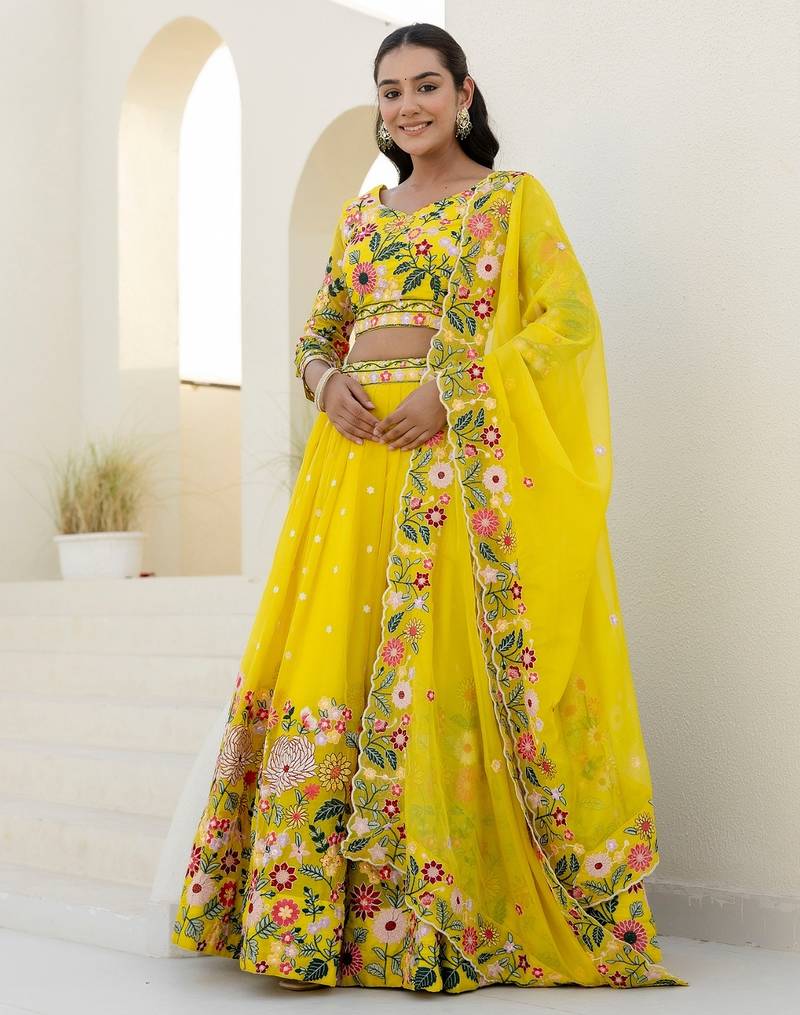 Yellow Organza Floral Embroidered Lehenga with Blouse & Dupatta Set