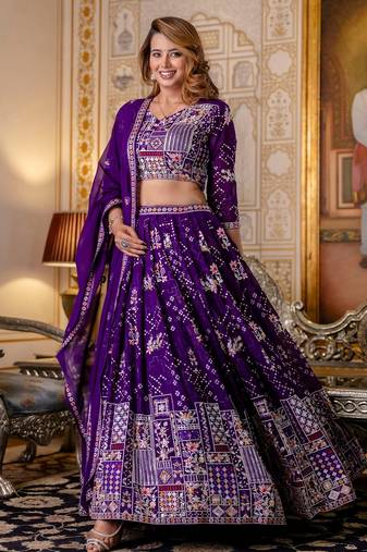Purple Georgette Lehenga Choli Set with Thread and Sequin Embroidery