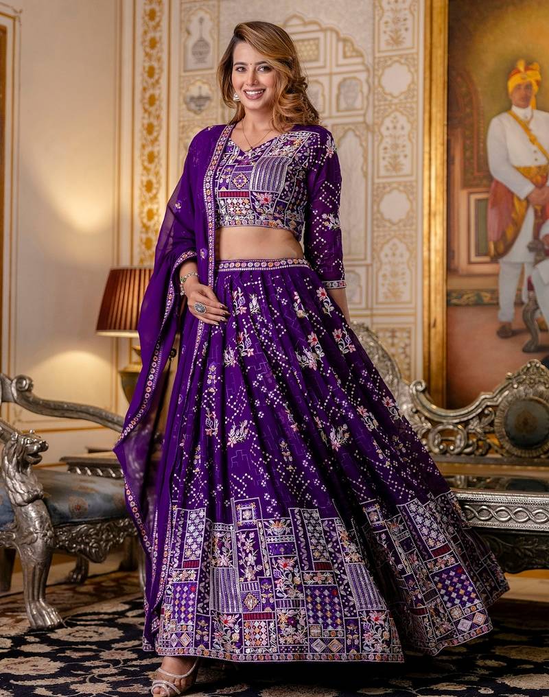 Purple Georgette Lehenga Choli Set with Thread and Sequin Embroidery