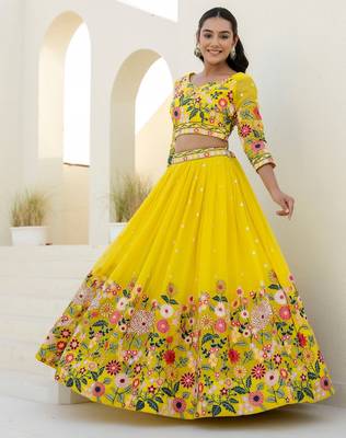yellow organza floral embroidered lehenga choli set 2