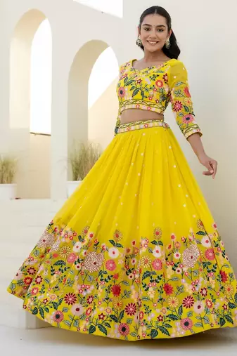 yellow organza floral embroidered lehenga choli set