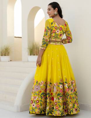 yellow organza floral embroidered lehenga choli set 3