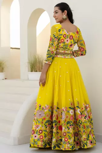 yellow organza floral embroidered lehenga choli set