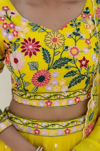 yellow organza floral embroidered lehenga choli set