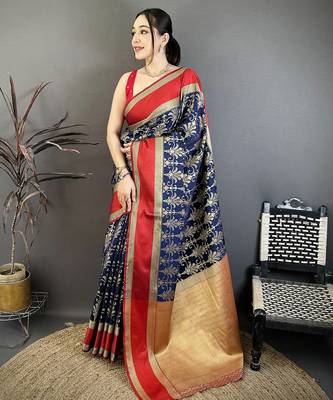 navy blue lichi silk kanchipuram saree with zari work 1