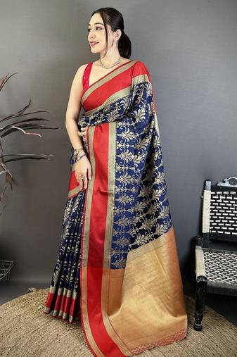 navy blue lichi silk weaving jacquard pattu zari work kanchipuram saree