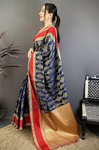 navy blue lichi silk kanchipuram saree with zari work