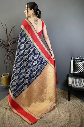 navy blue lichi silk kanchipuram saree with zari work