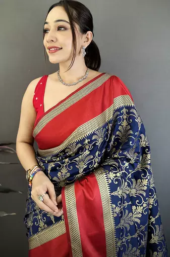 navy blue lichi silk kanchipuram saree with zari work