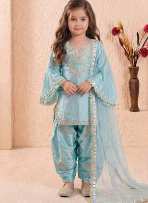 sky blue silk kids palazzo suit with dupatta set 1
